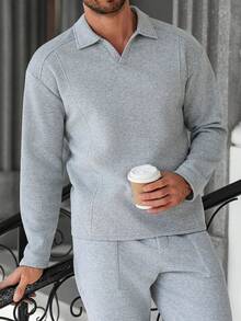 Manfinity Homme 男士Polo衫，成熟休闲风格拼接设计，时尚百搭，适合外出穿着；男士针织衫，灰色；男士衬衫，灰色针织衫；男士长袖Polo衫 - 灰色 - 查看 5