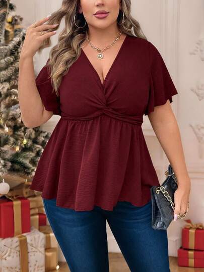 Vionelle Damen Große Größen V-Ausschnitt Glockenärmel Kurzarm Bluse, Sommer, Weihnachten Peplum Top
