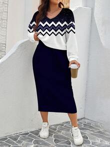 EMERY ROSE Plus Size Women Casual Color Block Sweatshirt Dress 2 Pieces Set, Autumn/Winter - Royal Blue - View 6