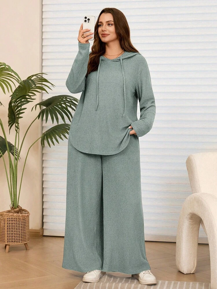 2 piezas Conjunto de sudadera con capucha y pantalones casuales de talla grande en gris oscuro con bolsillos, para otoño/invierno