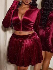 Truni Plus Size Women Velvet Zip-Up Top & Mini Skirt 2 Pieces Set, Casual & Fashionable, For Pear Triangle Body Shape - Red - View 6