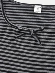 SHEIN Bộ đồ dệt kim sọc xám dài tay cổ chữ U thoải mái, vừa vặn hàng ngày cho bé gái tuổi mới lớn kèm quần ống đứng ống rộng 2 món co giãn, họa tiết sọc - Màu xám đen - Xem 3