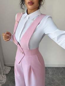 Elenzga 女士粉色竹纤维材质，正面珍珠纽扣设计，优雅教师制服，专业休闲优雅连体裤，适合感恩节、万圣节等场合穿着，百搭宽松飘逸阔腿连体裤 - 粉色 - 查看 5