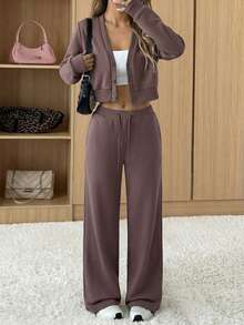 SHEIN EZwear Bộ 2 món áo dài tay rộng rãi và quần ống rộng cho nữ - màu nâu - Xem 6