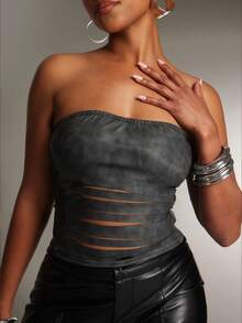 Denimoi Faux Leather Tube Top With Cut Out Detail, Fashionable, Faux Leather Tops, Going Out Tops, GNO - Black - View 2