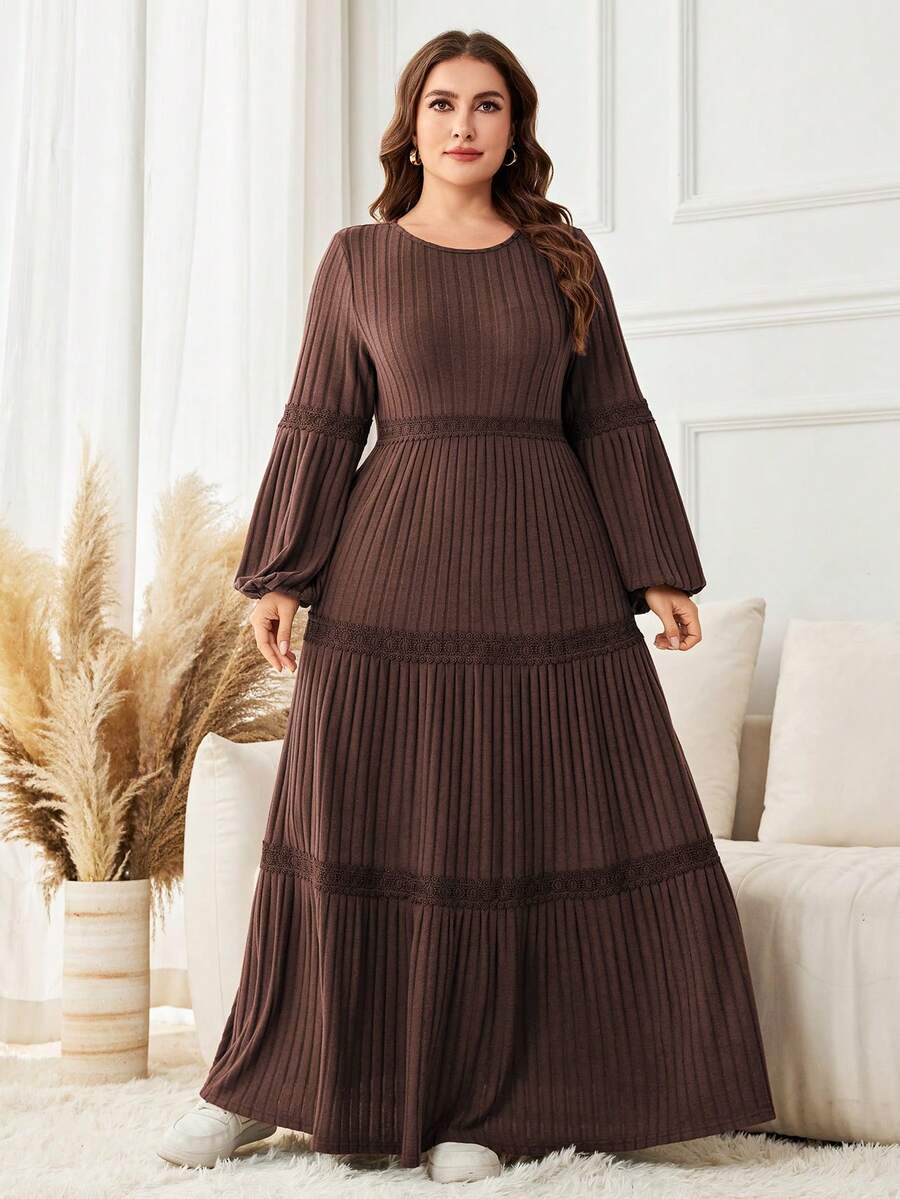 Lacomfia 优雅蕾丝拼接罗纹针织修身长袖圆领时尚高端设计大码连衣裙，咖啡棕色 - 咖啡棕 - 查看 1