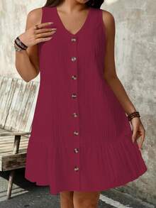 SHEIN PETITE Plus Size Sleeveless V-Neck Textured Fabric Dress - Burgundy - View 6