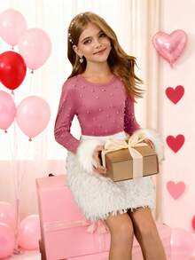 Tween Girls Pink Autumn Country Concert Elegant Long Sleeve Faux Pearl T-Shirt With Faux Fur Cuff & Short Fringed Skirt Christmas Party Outfit Set - Purple - View 3