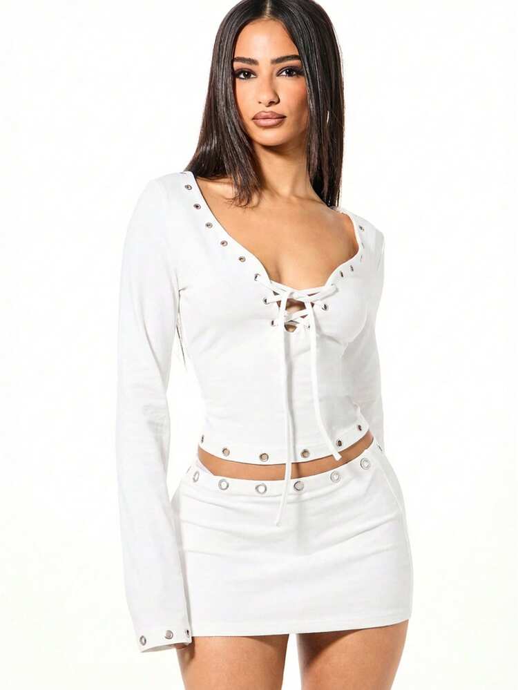 SUMWON WOMEN Long Sleeve Lace Up Crop Top With Eyelets