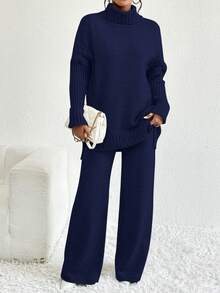 Firerie 两件套纯色落肩长袖宽松休闲针织毛衣 - 藏蓝色 - 查看 4