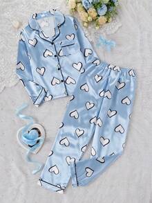 2pcs Heart Print Lapel Long Sleeve & Long Pants Girls Faux Silk Pajama Set Blue Pajama Sets Kids Pajama Sets Cute Pj Set - Blue and White - View 3