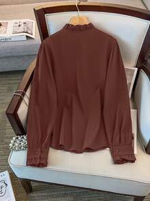 GlowEve CURVE Áo cánh tay dài cổ vuông kẻ sọc màu trơn đơn giản cho nữ cỡ lớn, thích hợp cho việc đi lại hàng ngày - Gỗ đỏ - Xem 2