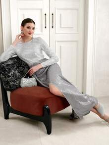 Selianne Sequin Embellished Elegant Dress, Sophisticated Party Gown - Silver - View 6
