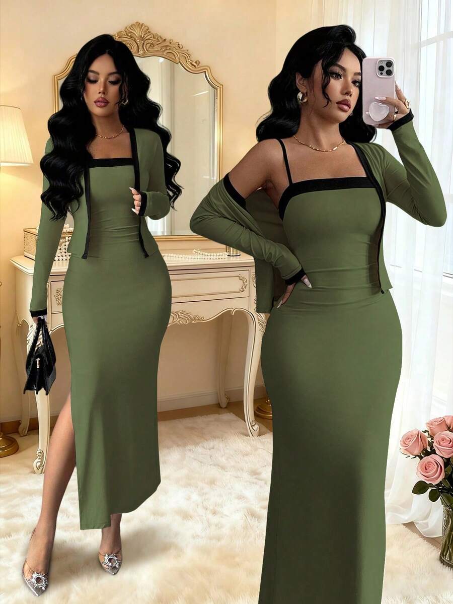 SHEIN Elenzya Bộ 2 chiếc áo khoác cardigan dài tay phối màu thanh lịch dành cho nữ và váy liền thân, thích hợp cho tiệc tùng, họp mặt gia đình, Giáng sinh, Halloween, ngày lễ tình nhân, năm mới, đi làm và mặc thường ngày, mùa thu/đông - xanh quân đội - Xem 1