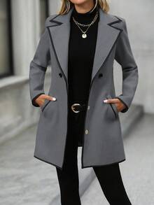 EMERY ROSE 女士休闲翻领双排扣长袖羊毛混纺外套，秋冬款 - 灰色 - 查看 4