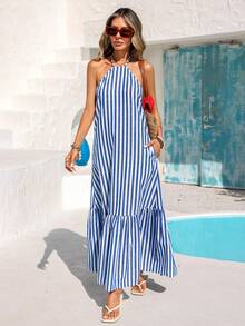 Vivid Eden 女士度假休闲条纹露背吊带连衣裙 - 藍色 - 查看 3