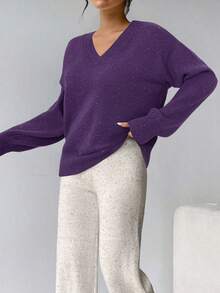 Firerie Women's Purple V Neck Drop Shoulder Sweater Casual Plain Rib-Knit Pullover Knitwear - Purple - View 4