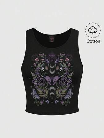 Goth Canotta da donna in stile gotico, misterioso e mori, con motivi di farfalle, falene, sole, luna, stelle e fiori