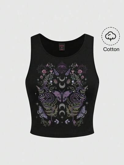 ROMWE Spring/Summer Graphic Flower Black Gothic Dark Mysterious Mori Style Butterfly, Moth, Sun, Moon, Star, Floral Plant Sleeveless Tank Top For Women