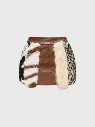 Millennium Babe Vintage Hippie Babe Animal Print Faux Fur Patchwork Mini Low-Waist PU Skirt For Women