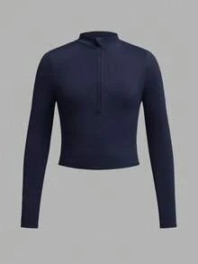 SHEIN Girlism 少女纯色白色米色黑色三件套休闲拉链高领罗纹长袖T恤套装，适合秋冬季节，日常休闲穿着，非常适合休闲、日常穿着和上学穿着。 - 藏蓝色 - 查看 3