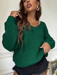 SHEIN Essnce 大码女装秋冬圣诞V领毛衣正式圣诞女装感恩节毛衣商务休闲女装优雅感恩节女装节日短款毛衣针织女装圣诞女装上衣时尚休闲优雅通勤保暖V领毛衣 - 墨綠色 - 查看 4