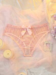DelicateAllure Bragas de talla grande con parches de malla, ribete de volantes, acento de lazo, diseño transparente, estampado de moño, lindas y encantadoras, color rosa - Rosa - Ver 5