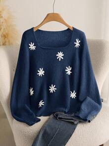 CosyJoli 大码花卉图案圆领毛衣，休闲日常穿着，秋冬