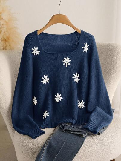 CosyJoli 大码花卉图案圆领毛衣，休闲日常穿着，秋冬