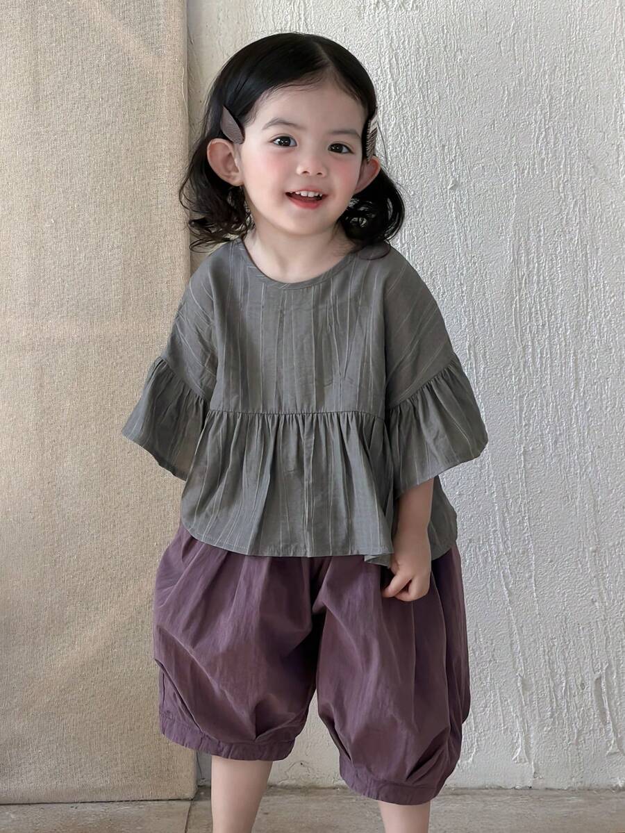 DAZY Toddler Girls' Casual Ruffle Trim Round Neck Top