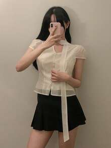 DAZY 女士系带短袖衬衫，春秋季 - 杏色 - 查看 6