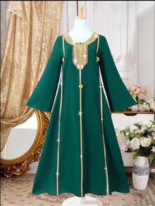 SHEIN Áo choàng xanh lá cây thanh lịch, trang nhã, váy Abaya ôm vừa vặn, thoải mái cho bé gái tuổi teen, Trung Đông - Màu xanh lá cây đậm - Xem 8