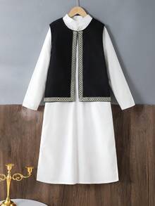 Vacaura 2pcs/Set Tween Boy Middle Eastern Robe White Shirt With Half-Open Collar & Black Vest With Gold Trim Pattern - Black and White - View 4