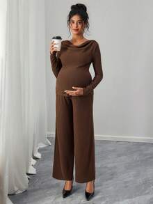 SHEIN Elegant Casual Loose Camel Ribbed Knit Top And Pants Maternity Two Pieces Set, Suitable For Commuting In Spring And Autumn - Coffee Brown - View 3