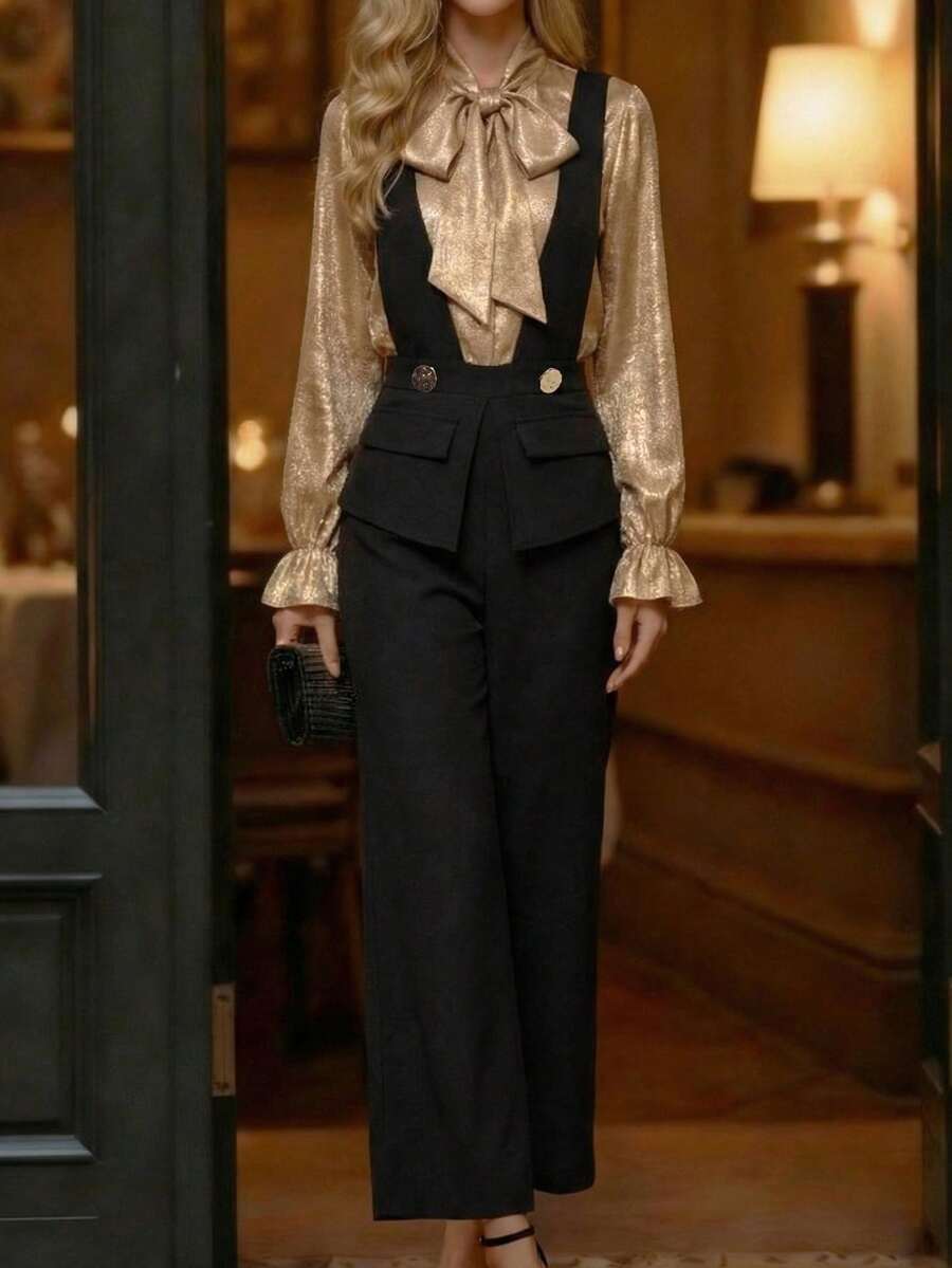 EMERY ROSE Women's Black Deep V-Neck Ruched Waist Jumpsuit With Front Panel, Elegant And Sophisticated Teacher's Outfit, Suitable For Independence Day, Autumn - Black - View 1