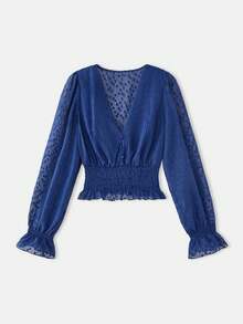 lacRébo Áo kiểu nữ màu xanh hải quân cổ điển, chất liệu jacquard, có họa tiết nhún eo, thích hợp cho mùa thu, xuân hè, công sở và thường ngày. - Màu xanh lam - Xem 7
