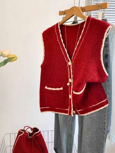 Nubod 圣诞节加大码女式时尚休闲简约红色针织背心，带纽扣和白色撞色滚边，是圣诞节服装的理想之选，也适合春季节日穿着。