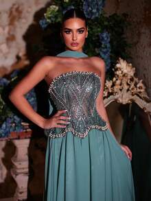 Glamrae 优雅奢华的绿色串珠亮片吊带长裙，适合婚礼、派对、度假、晚宴、正式场合（装饰繁复） - 草綠色 - 查看 7