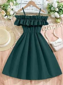 SHEIN Tween Girls' Casual Woven Dress With Ruffled Off Shoulder Adjustable Neckline, Simple Design, Dress Only (Belt Sold Separately For Styling) - Dark Green - View 2