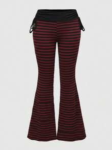 ROMWE Grunge Punk Spring/Summer Plus Size Women Punk Style Striped Drawstring Flare Pants - Red - View 1