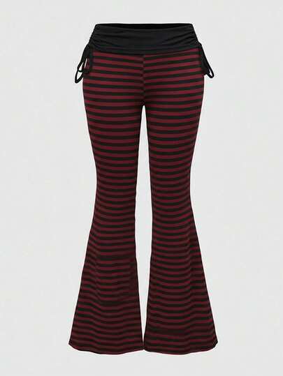 Grunge Punk Plus Size Women Punk Style Striped Drawstring Flare Pants