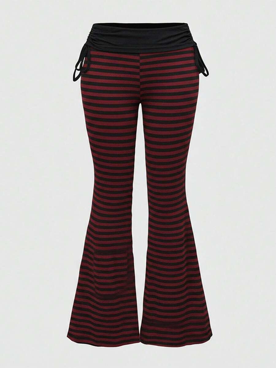 ROMWE Grunge Punk Spring/Summer Plus Size Women Punk Style Striped Drawstring Flare Pants - Red - View 1