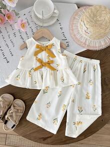 LMoss Kids 2件套女婴碎花编织休闲上衣和裤子套装 - 彩色 - 查看 5