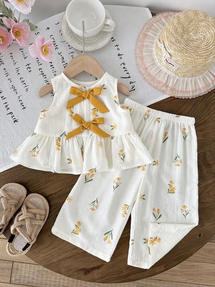 LMoss Kids 2pcs Baby Girl Ditsy Floral Woven Casual Top And Pants Set - Multicolor - View 5