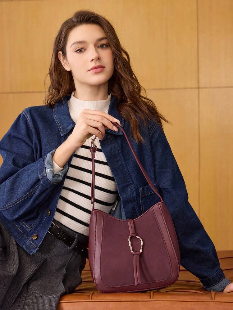 レディース エレガントなスエードタッチ ショルダーバッグ、特別な形のハードウェアペンダント付き、通勤に最適