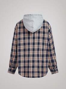 Officeau 男士休闲宽松格纹连帽衬衫外套，带胸袋和可调节抽绳，适合春秋季穿着。 - 藏蓝色 - 查看 2