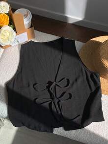 Comfortcana 女士夏季休闲系带无袖衬衫，简约设计 - 黑色 - 查看 3