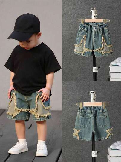 SHEIN Baby Girls' Vintage Washed Blue Casual Fashion Versatile Comfortable Personalized Patchwork Elastic Waist Denim Shorts Kids Frayed Denim Shorts Fall Winter