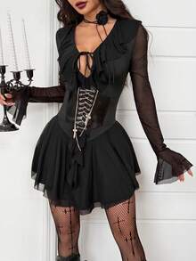 Coolane 女士春冬哥特风Y2K复古弹力荷叶边V领系带褶皱迷你优雅网纱黑色连衣裙 - 黑色 - 查看 3