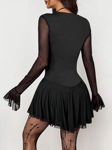 Coolane 女士春冬哥特风Y2K复古弹力荷叶边V领系带褶皱迷你优雅网纱黑色连衣裙 - 黑色 - 查看 5